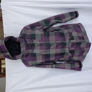 PWDR Room Purple/Gray Buffalo Plaid Snowboard Jacket w Hood, Sz S, 20" PTP, 30"L